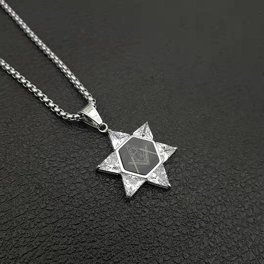 Rockyu 六芒星ジルコニアネックレス|ダビデの星モチーフ ステンレス製お守りペンダント