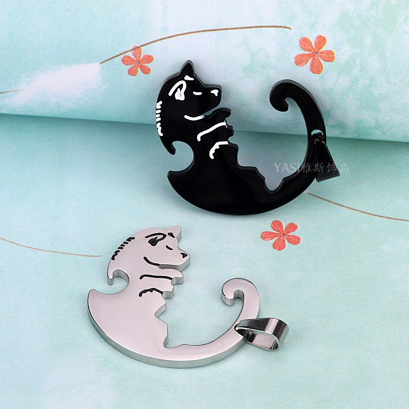 Rockyu ペアネックレス 犬モチーフ YinYangデザイン ブラック&シルバー ステンレス製 カップル用