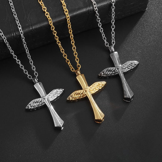 Rockyu メモリアルネックレス レディース メンズ 天使の翼 クロス 遺骨ペンダント あずきチェーン チタン 金属アレルギー対応