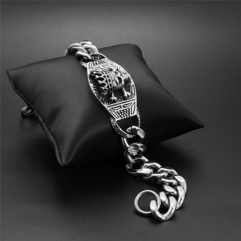 Rockyu ブレスレット メンズ チタン シルバー ブラック 王冠ドクロ 喜平チェーン プレート 重厚デザイン アクセサリー