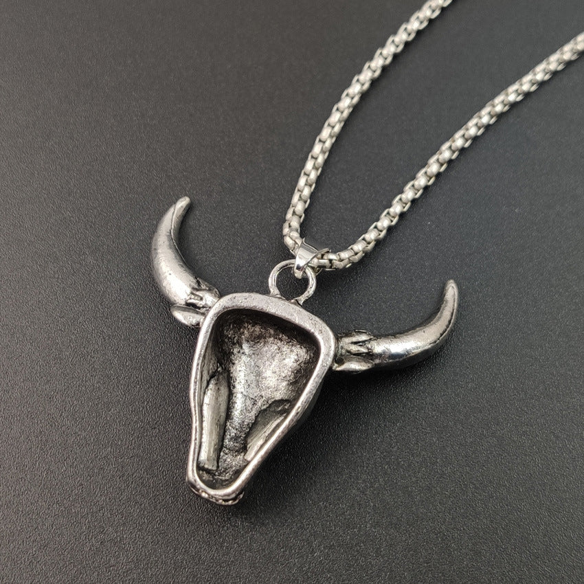 Rockyu ネックレス メンズ 牛頭 ステンレス ターコイズ アンティーク風 ペンダント