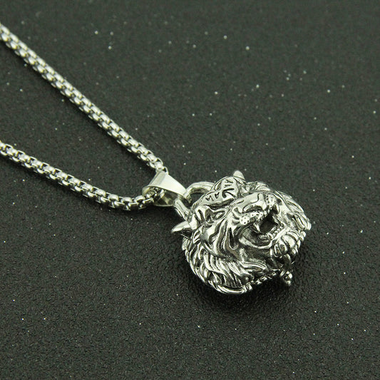 Rockyu ネックレス メンズ タイガーヘッド シルバー合金 ステンレスチェーン