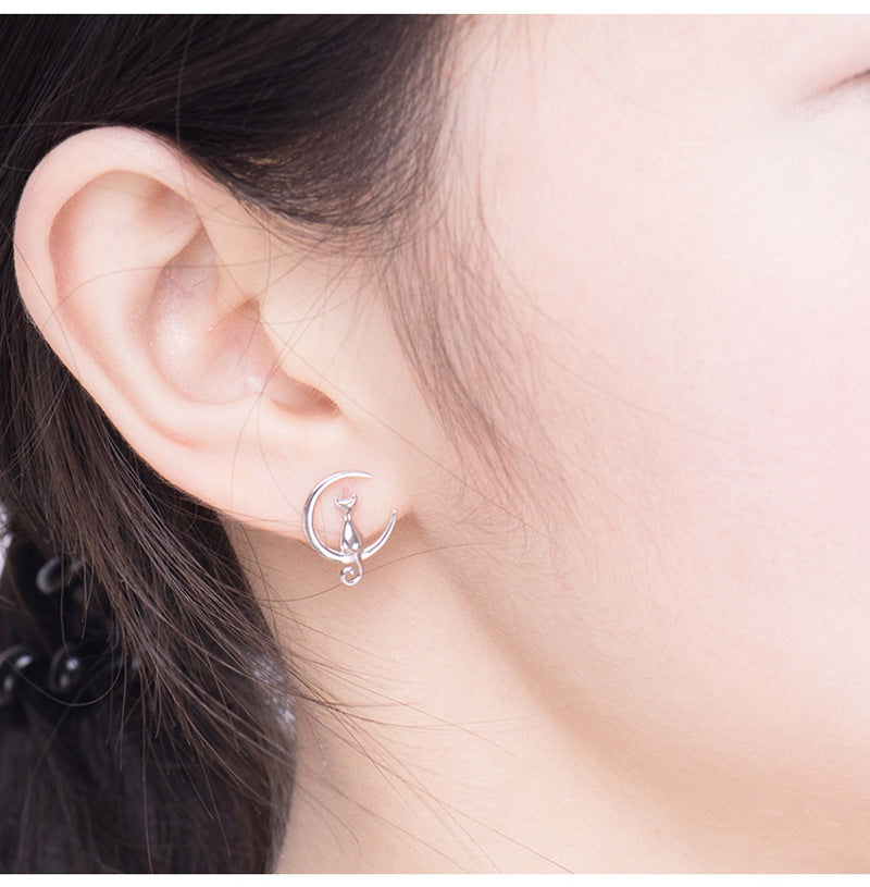 Rockyu レディース ピアス ネコ 三日月 シルバー スタッド 両耳セット 可愛い 小さい