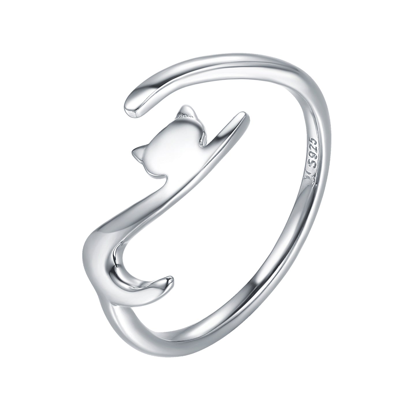 Rockyu 猫リング レディース シルバー925 フリーサイズ シンプル 可愛い ネコモチーフ 金属アレルギー対応