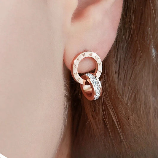 Rockyu リングピアス レディース|18K仕上げ チタン製 ローマ数字 CZ揺れるデザイン