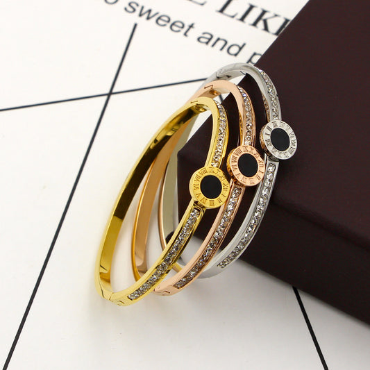 Rockyu バングル レディース ゴールド ステンレス ローマ数字 ラインストーン ジュエリー