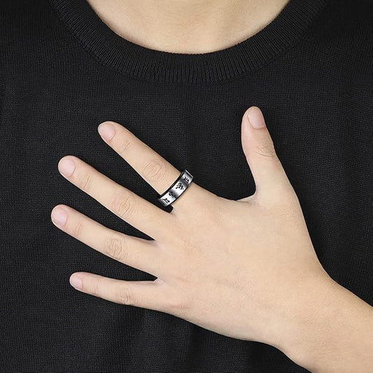 Rockyu メンズ ステンレススピナーリング 六字真言デザイン 8mm幅 3色展開