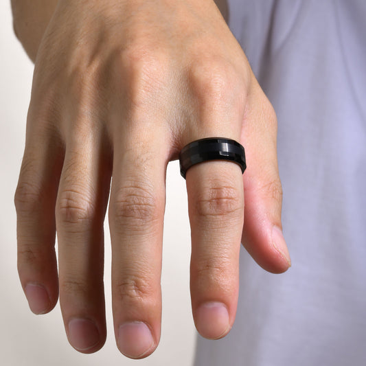 Rockyu メンズ タングステンリング 8mm 平打ち・艶消しデザイン シルバー&ブラック