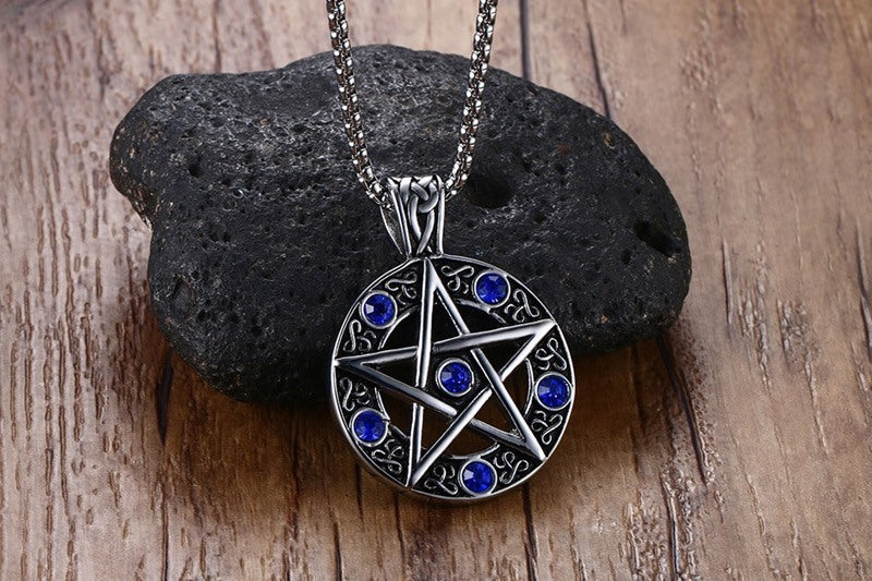 Rockyu メンズ ペンタグラムネックレス シルバー ステンレス製 守護魔除け 五芒星 ペンダント チェーン付き
