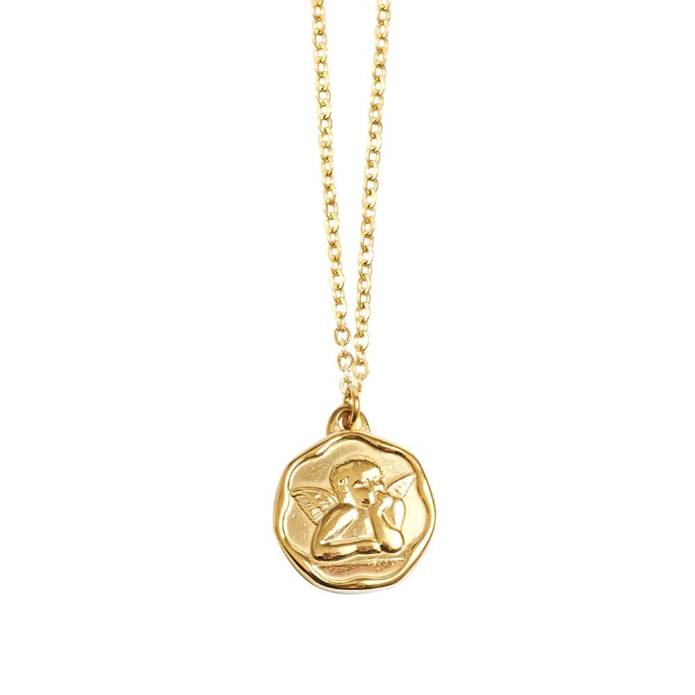 Rockyu ネックレス レディース シルバー 天使 コインペンダント あずきチェーン チタン 金属アレルギー対応