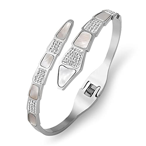 Rockyu 蛇モチーフ チタン製バングル レディース – ジルコニア×シェルの華やかブレスレット(3色展開)