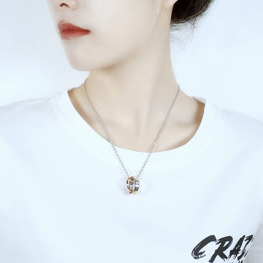 Rockyu ネックレス ペア ブルーシルバー&ローズゴールド ダブルリングペンダント ステンレス製 記念日や誕生日ギフトに