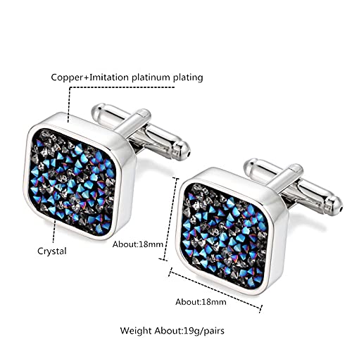 Rockyu カフスボタン メンズ 四角 シルバー ブルー クリスタル カフリンクス