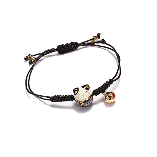 Rockyu ブレスレット レディース 招き猫 陶磁器 鈴付き 編み込み 紐タイプ 幸運お守り