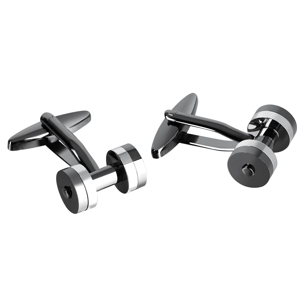 Rockyu カフスボタン メンズ 銀色×銃黒色 ステンレス ダンベル型 スポーツ風 ビジネス フォーマル 結婚式 パーティー用