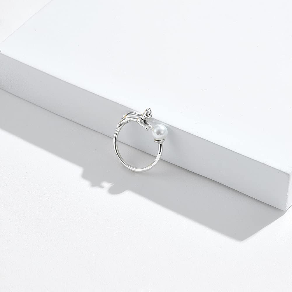 Rockyu レディースリング フリーサイズ 猫とパールのシルバー925指輪