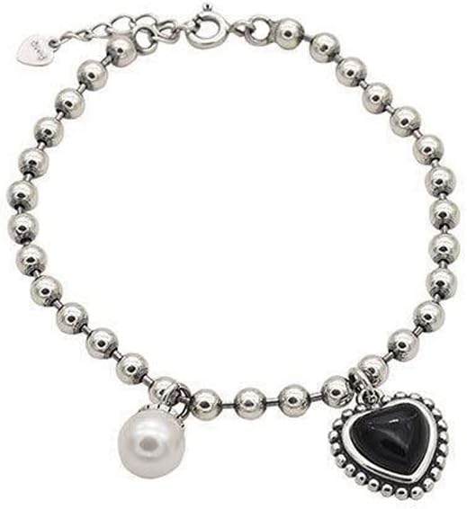 Rockyu ブラックハートネックレス&ブレスレット レディース シルバー パール付きセット INS風