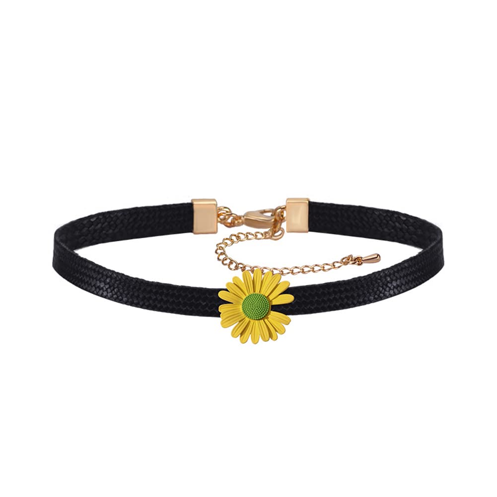 Rockyu チョーカー レディース 黒 レザー フラワー 雛菊 ペンダント 革紐チェーン