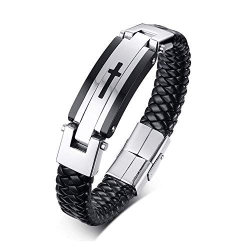 Rockyu ブレスレット メンズ レザー ブラック 十字架 ステンレス 革製バングル シンプル 腕輪