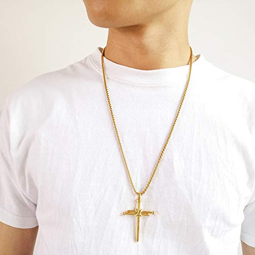 Rockyu ネックレス メンズ クロス 釘デザイン ステンレス製 金属アレルギー対応