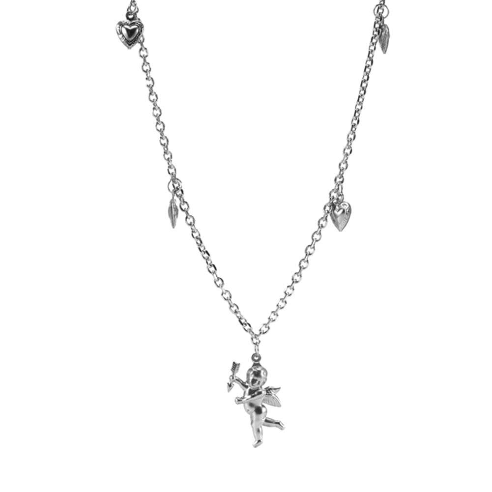 Rockyu ネックレス レディース シルバー キューピッド×ハートチャーム|天使モチーフの可愛いチタンペンダント