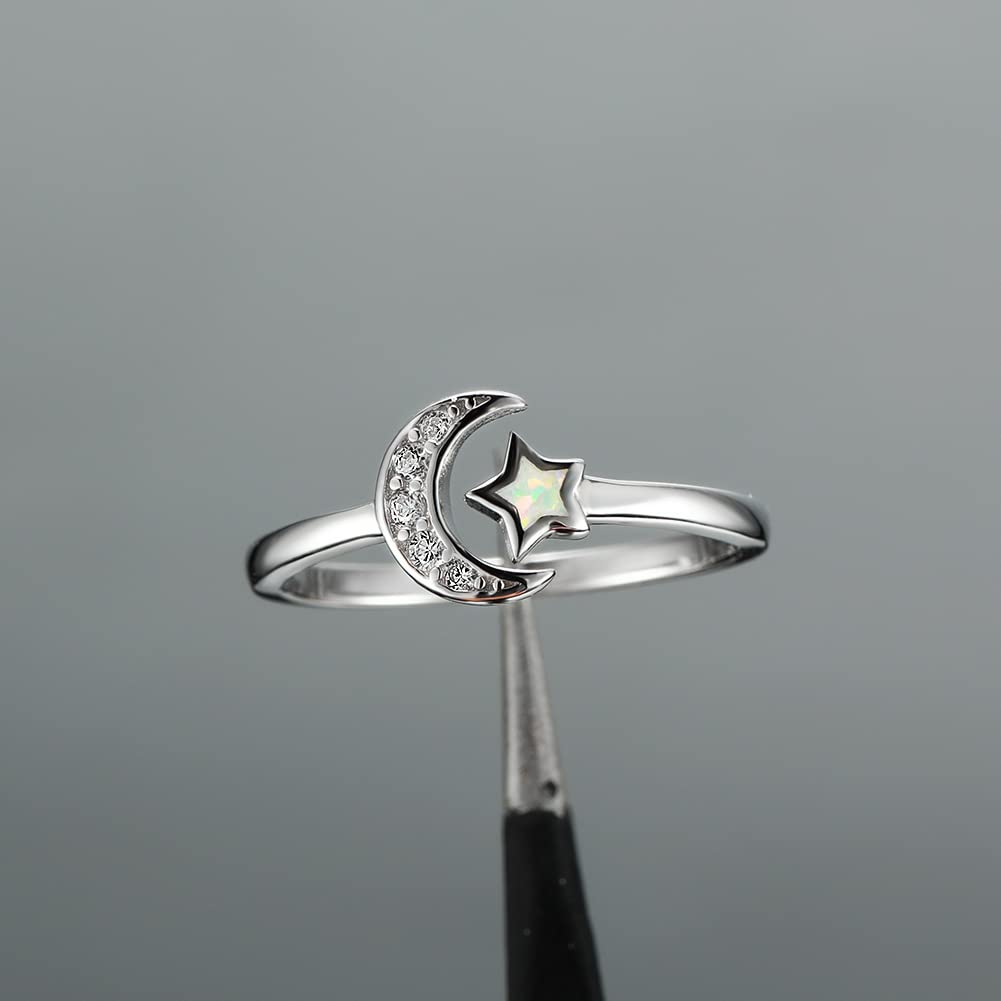 Rockyu 月と星のリング|オパール風×ジルコニア フリーサイズ プラチナ仕上げ