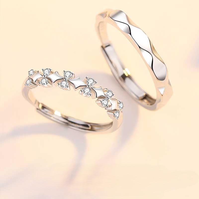 Rockyu ペアリング 2個セット シルバー925 王冠デザイン&ウェーブデザイン フリーサイズ 調整可能