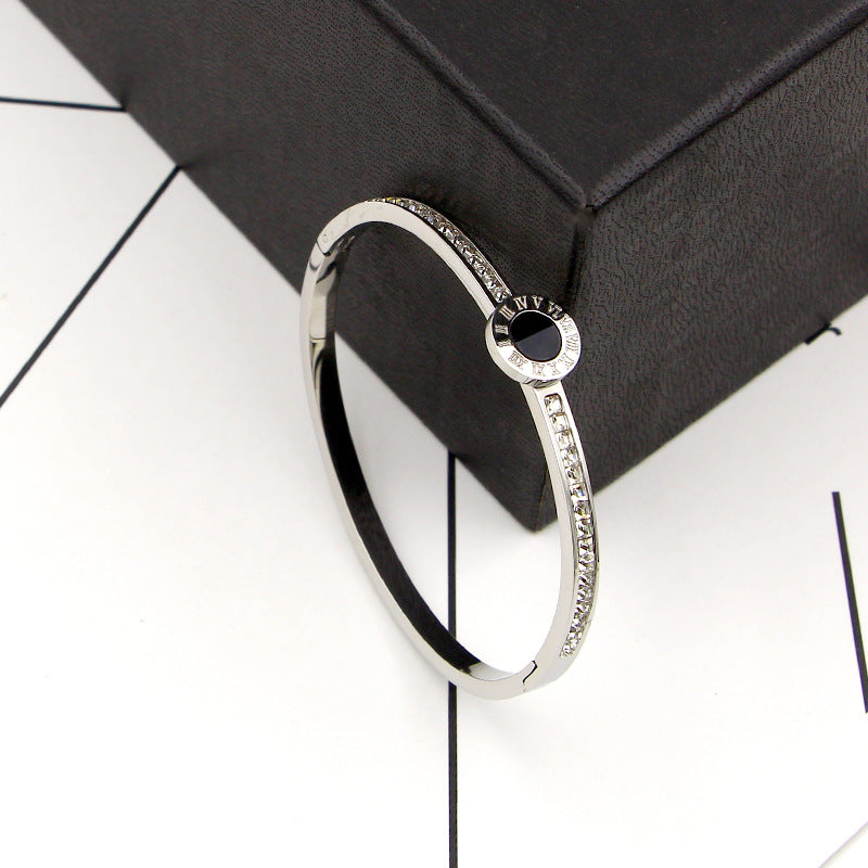 Rockyu バングル レディース ゴールド ステンレス ローマ数字 ラインストーン ジュエリー