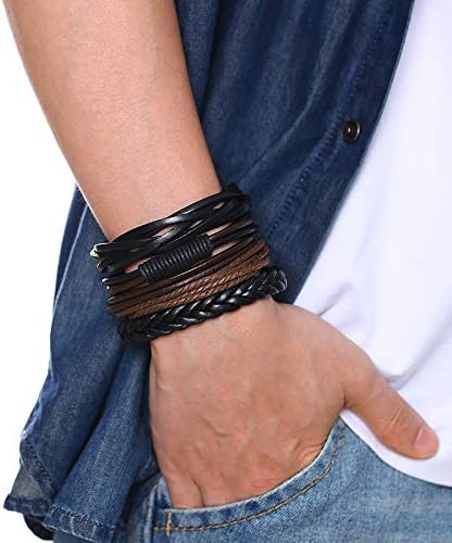 Rockyu ブレスレット メンズ 4点セット ブラック PUレザー 多層編み込み おしゃれ腕輪
