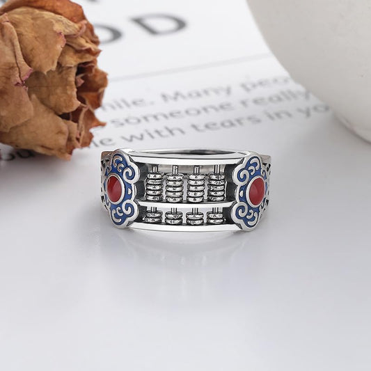 Rockyu 指輪 レディース メンズ 太め シルバー925 赤瑪瑙 算盤モチーフリング フリーサイズ 金運アップ 民族風 お守り