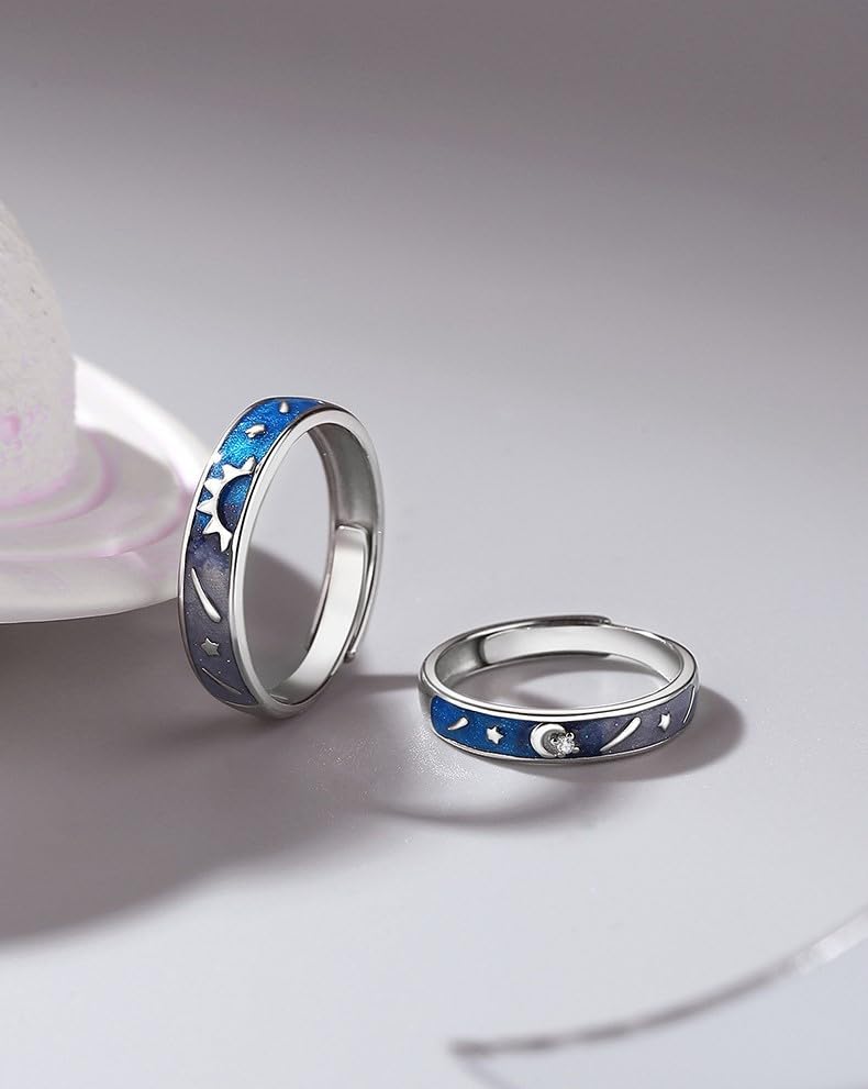 Rockyu ペアリング カップルリング 925シルバー 日月デザイン 宇宙 星月モチーフ エナメル加工 記念日 調整可能