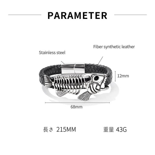 Rockyu メンズブレスレット 魚骨デザイン レザー×ステンレス ブラックアクセサリー