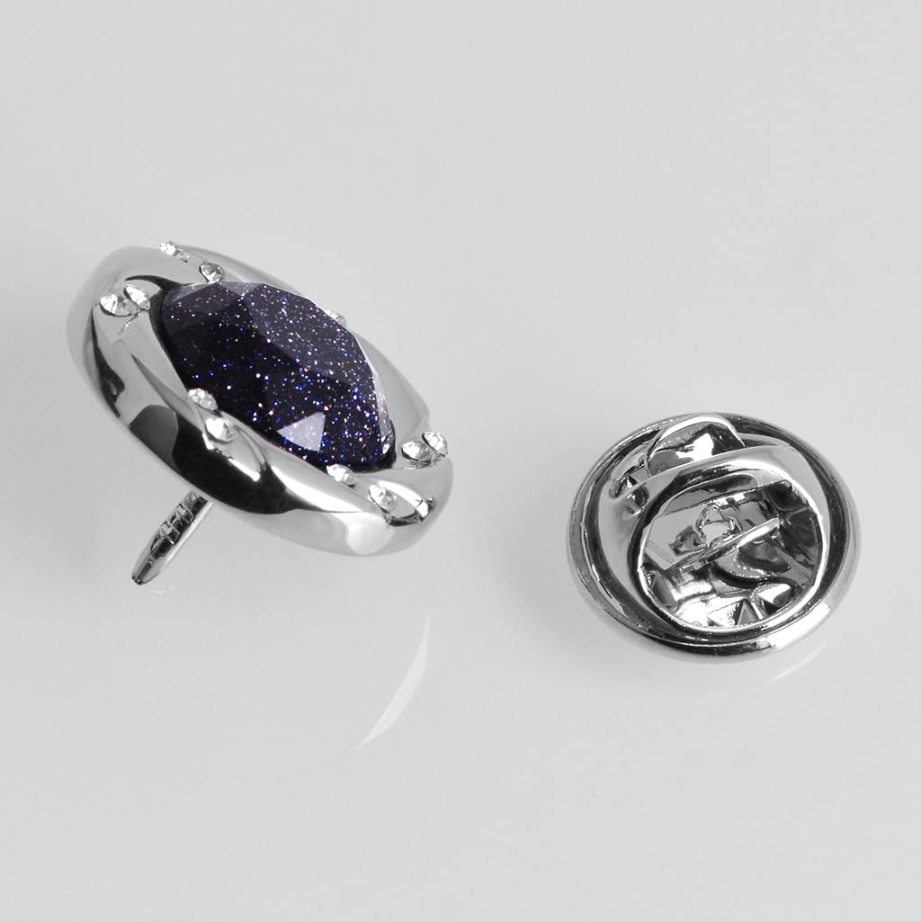 Rockyu ブローチ メンズ ブルーサンドストーン ステンレス ラウンド スーツピン 17mm フォーマル 結婚式 ビジネス