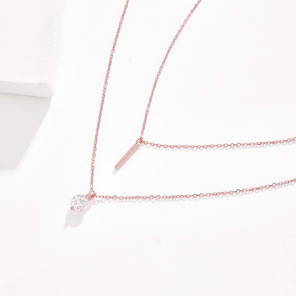 Rockyu レディースネックレス ピンクゴールド 18K 一粒ダイヤモンド スティックペンダント 2連チェーン 純銀仕上げ ジュエリー