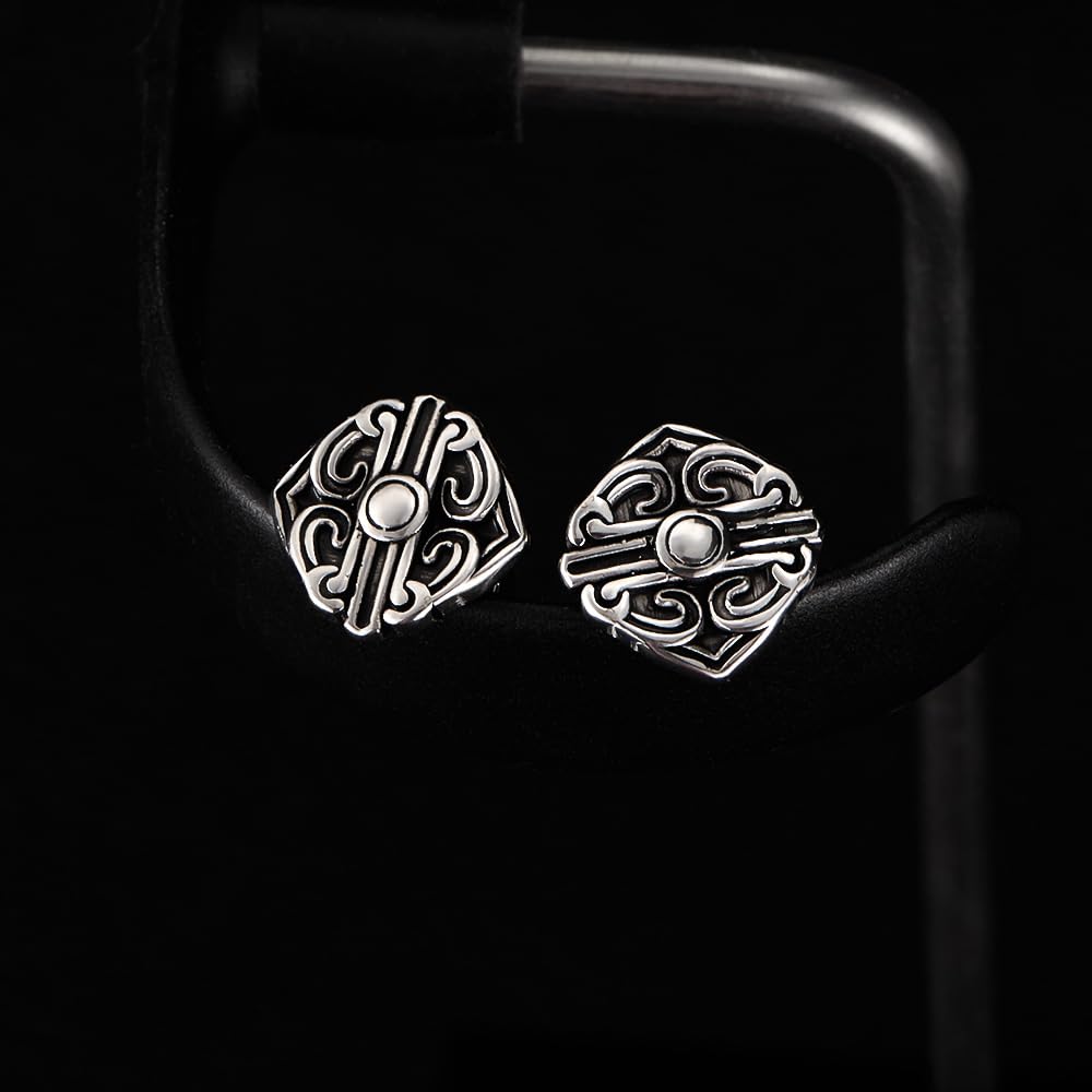 Rockyu ピアス メンズ ステンレス 片耳 四角モチーフ 彫刻風フラワーパターン ヴィンテージ調 アレルギー対応