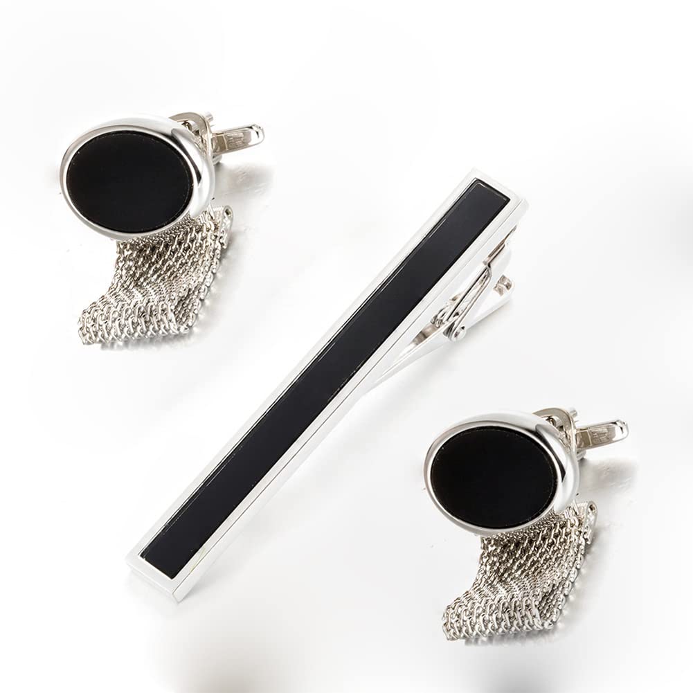 Rockyu ネクタイピン カフスセット メンズ 黒 楕円 ステンレス ビジネス