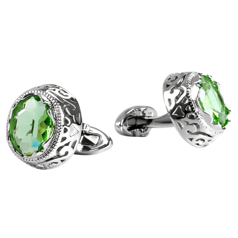 Rockyu メンズ ラウンドカフス グリーン&ブルージルコニア ステンレス アンティーク調デザイン