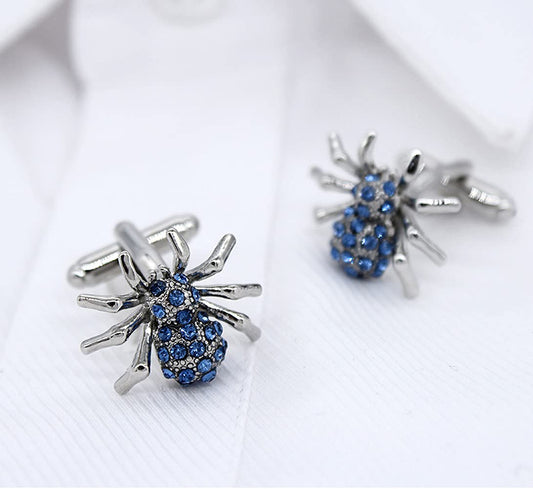 Rockyu カフスボタン メンズ 蜘蛛デザイン シルバー×ブルー サファイア風クリスタル ステンレス製
