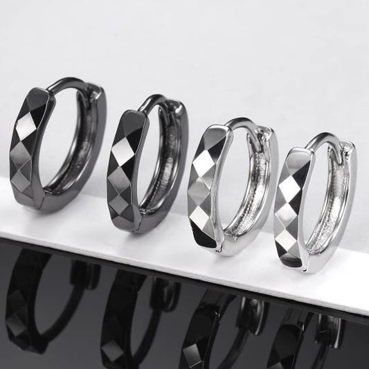 Rockyu 菱形リングピアス メンズ|ブラック&シルバー フープピアス 金属アレルギー対応