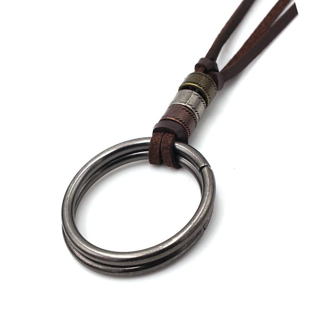 Rockyu メンズリングペンダントネックレス|3連リング×レザー紐 60cm調整可ロングタイプ
