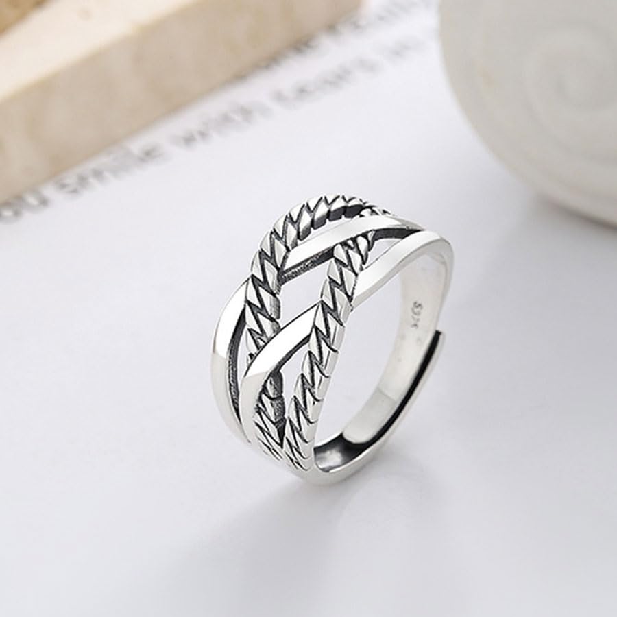 Rockyu 指輪 メンズ レディース シルバー925 太め 2連 幅広リング フリーサイズ 麻花リング クロス 不規則 男女兼用 ハワイアン 誕生日 恋人の日 プレゼント