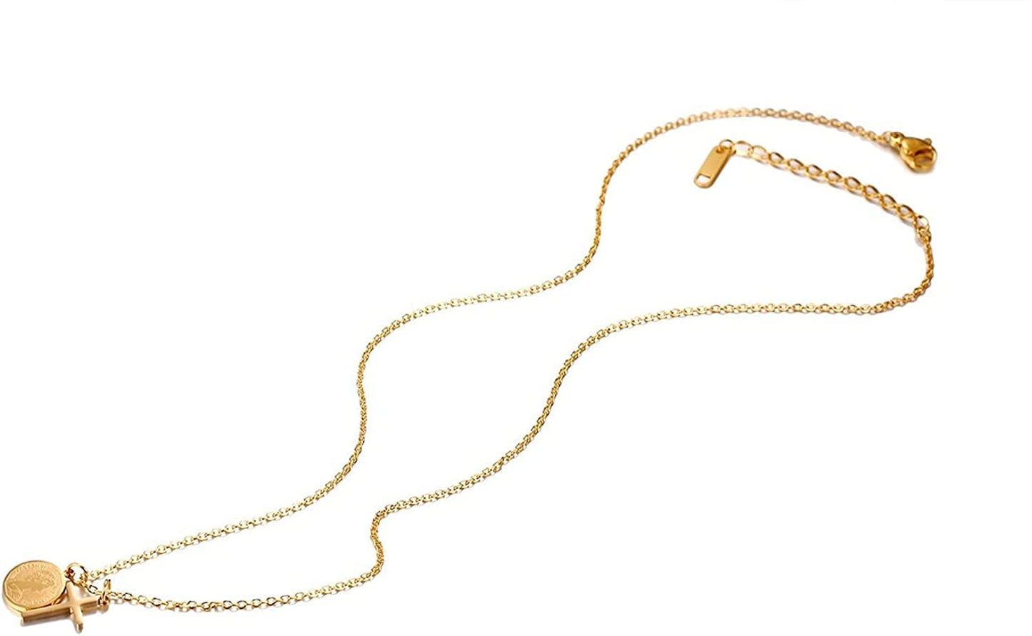 Rockyu ネックレス レディース ゴールド 十字架クロス&コインペンダント ダブルチャーム