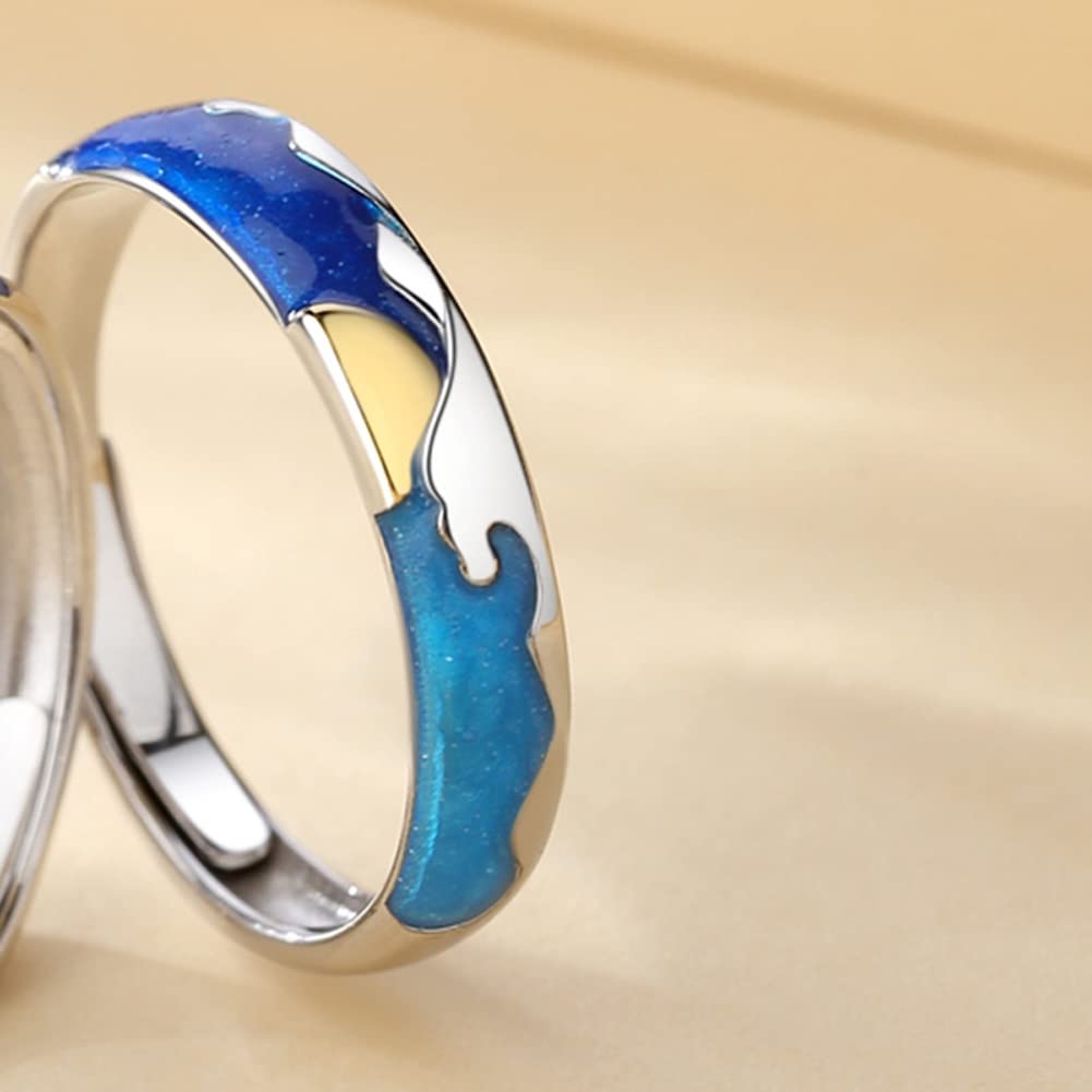 Rockyu ペアリング 2個セット シルバー925 純銀 メンズ レディース 青い夜空と海 明月水鏡デザイン 結婚指輪 婚約指輪