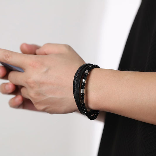 Rockyu メンズ 3連レザーブレスレット ブラック ビーズチェーン 編み込み ステンレス 金属アレルギー対応
