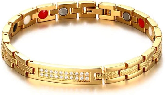 Rockyu 磁気ブレスレット レディース メンズ ゴールド ステンレス ジルコニア配列 プレートデザイン ゲルマニウム内蔵