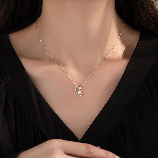 Rockyu 猫と月 ネックレス レディース 925純銀 ペンダント シンプル可愛い ジルコニア