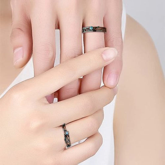 Rockyu ペアリング S925シルバー ブラック&ブルージルコニア カップル向けフリーサイズ指輪