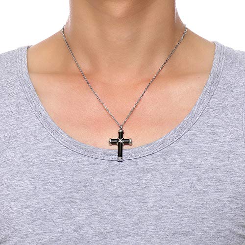 Rockyu ネックレス メンズ 十字架 クロスペンダント ブラック 316Lステンレス メモリアル 遺骨入れ シンプルアクセサリー