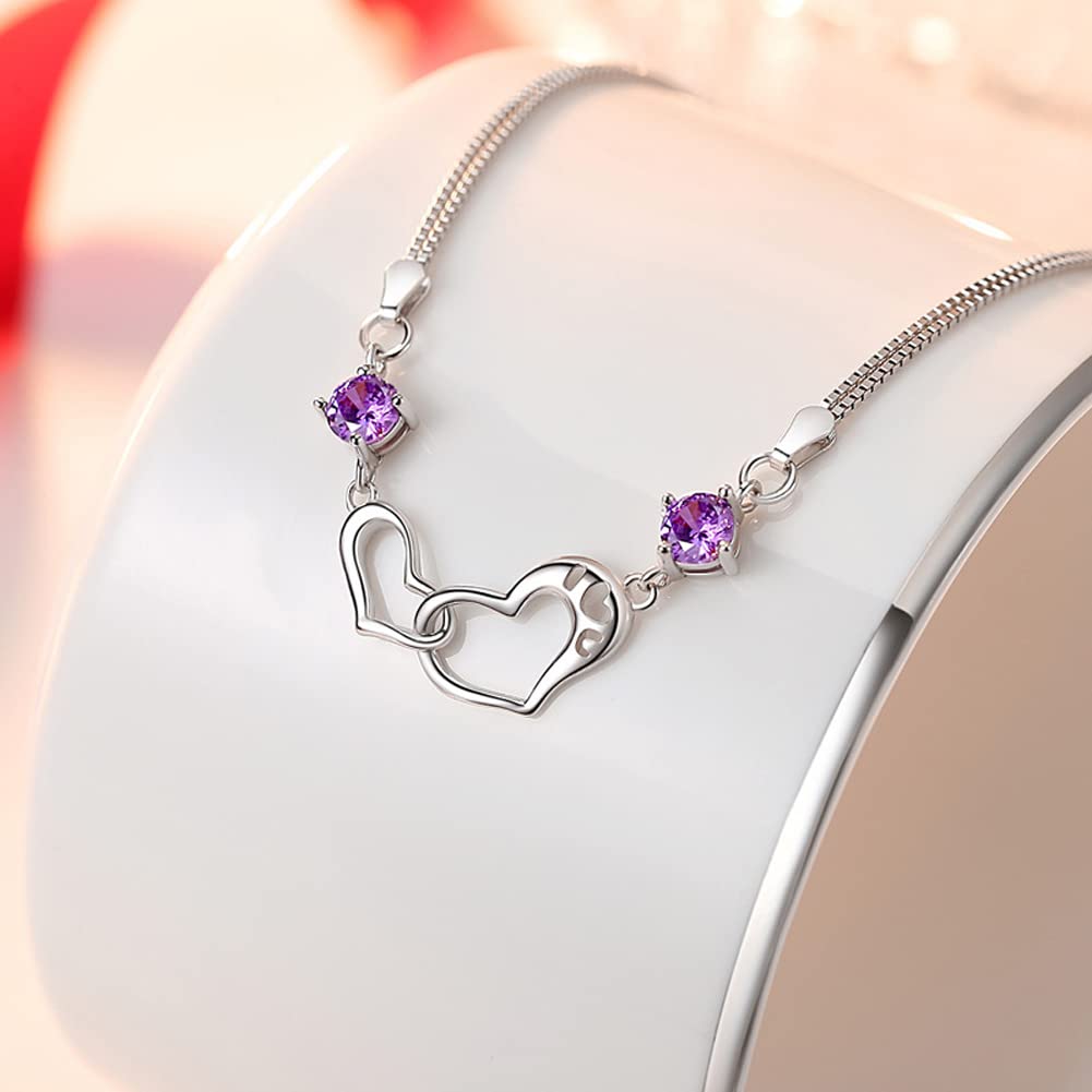 Rockyu ダブルハートブレスレット レディース – ジルコニア×シルバー925(3色ストーン)