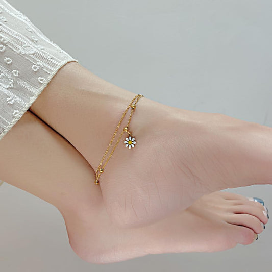 Rockyu アンクレット レディース ステンレス製 ゴールド デイジーチャーム ダブルレイヤー 調整可能 アレルギー対応
